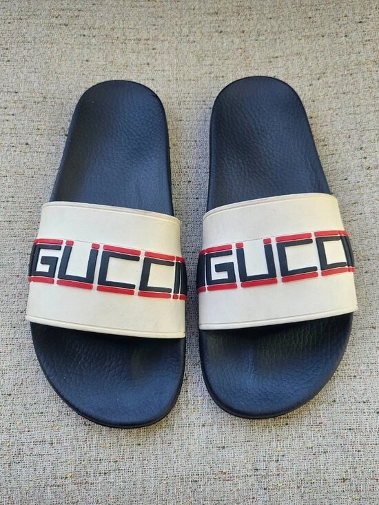 Gucci Men Sandal Shoes Slide Beige/Black Tone Rubber Size 9 Made in Italy Auth main image 9